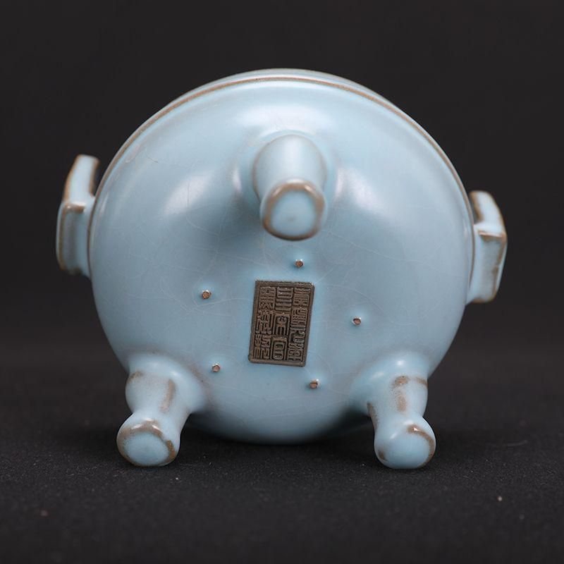 宋汝窯開片釉獅子蓋薫香炉 景徳鎮 陶磁器 装飾品