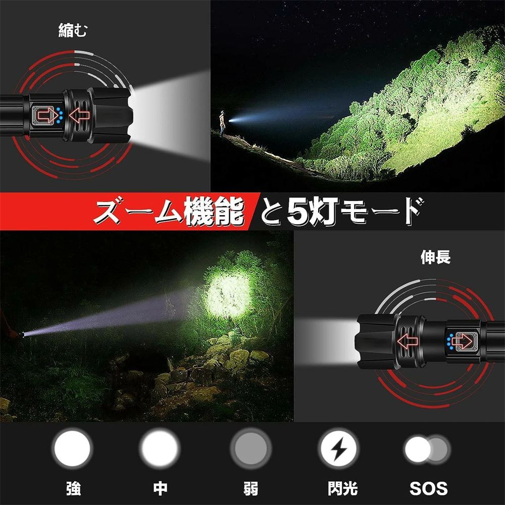 懐中電灯 20000ルーメン led 強力 軍用 最強 超高輝度 フラッシュライト 充電式 XHP70.2 IP67防水 5モード調光 ズーム調整可能  防災 登山 停電対策 97％以上節約 - ライト、ランタン