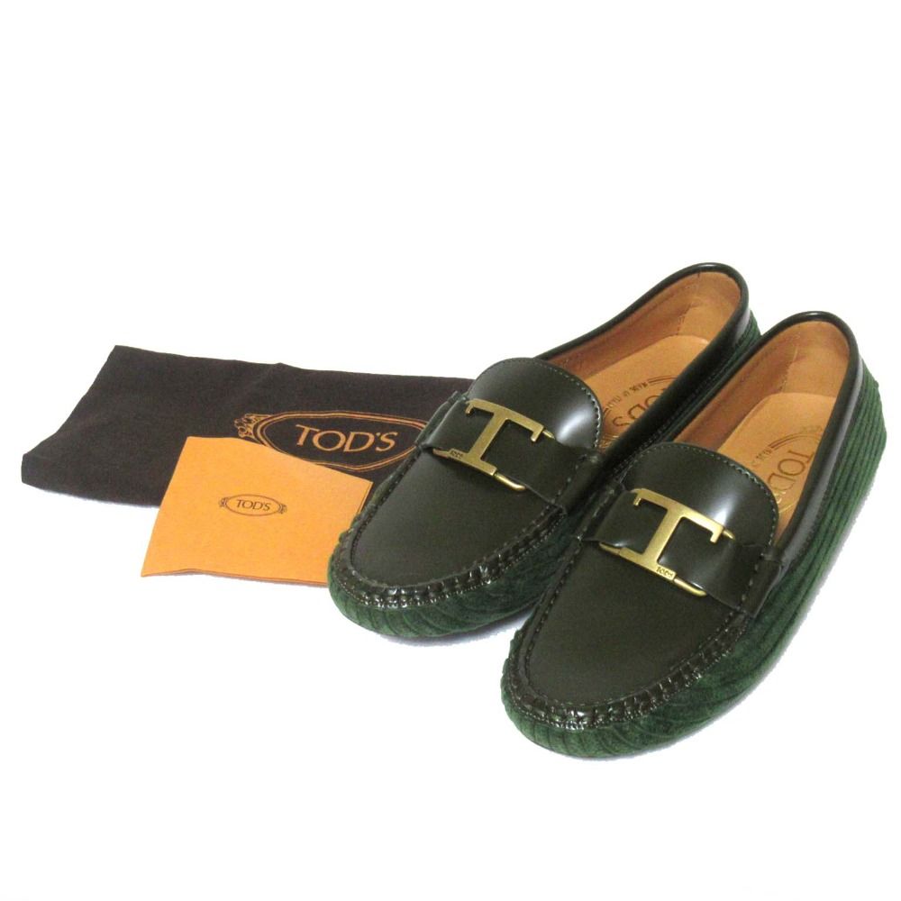 ♥ TOD S トッズ Tタイムレス ゴンミーニ レザー×コーデュロイ ローファー ドライビングシューズ 36 約23cm グリーン系 レディース 古着 KIN-KAAI_COM