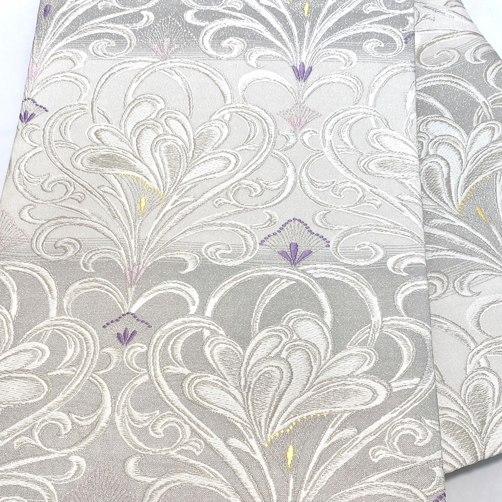 お仕立て上り 西陣織 真珠箔 浅山織物 フェザー柄 正絹 袋帯 obx 212