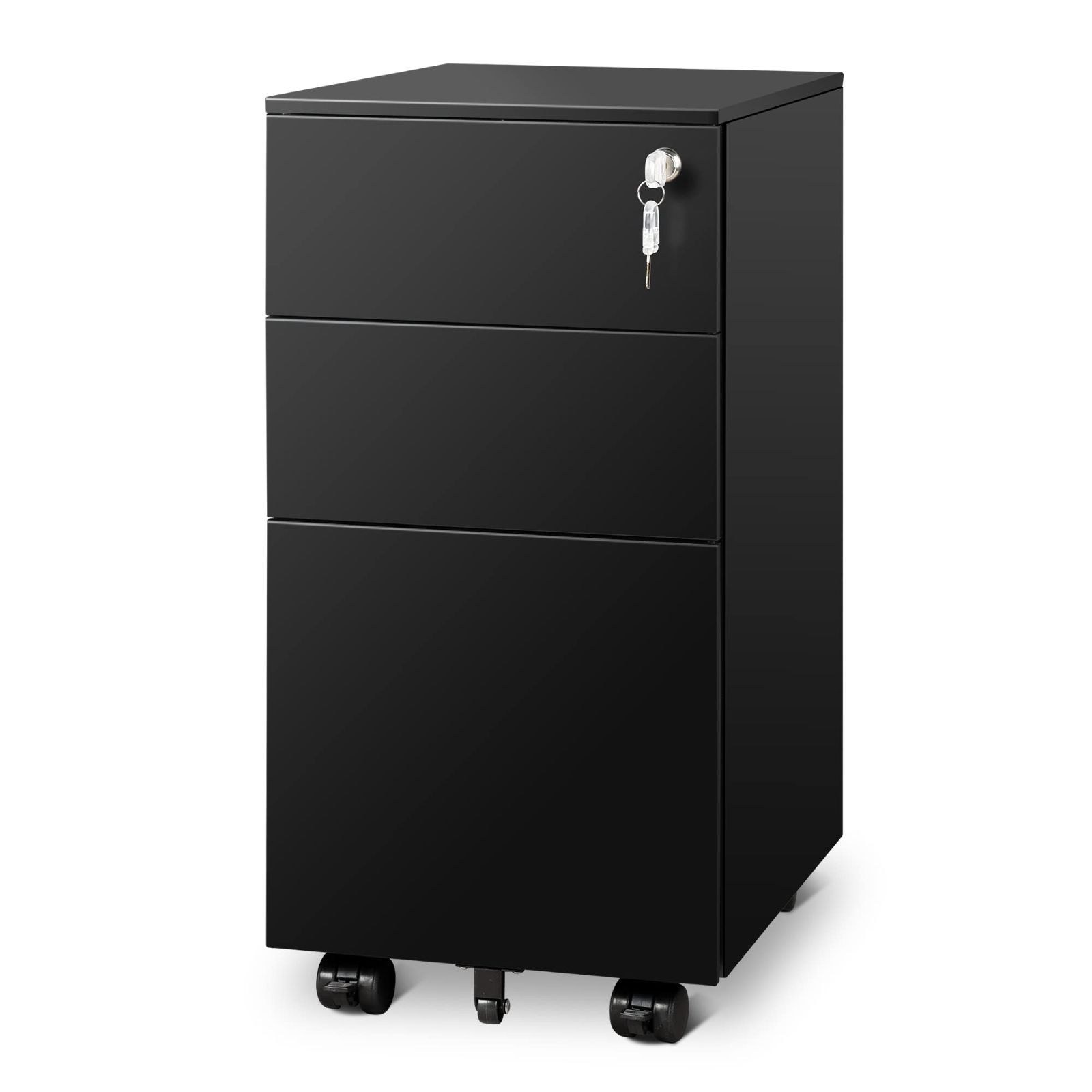 数量 オフィスワゴン キャビネット サイドワゴン 幅300*奥行435*高さ600mm スリム型 コンパクトサイズ デスクワゴン キャスター付き 鍵付き スリムワゴン 3段オールロック A4対応 丈夫なスチール製 DEVAISE サビ止め塗装 ブラック