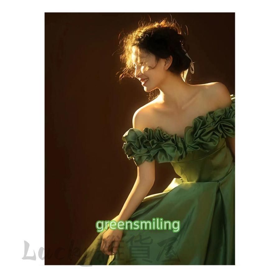 カラードレス ロングドレス グリーン 花柄 半袖 パフスリーブ 結婚式