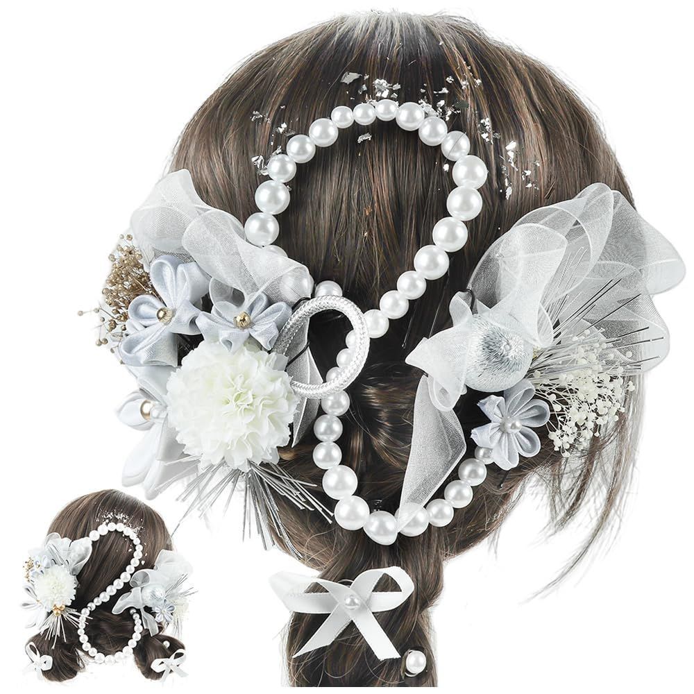 (シルバー) 専用ケース付き 造花 結婚式 袴 浴衣 七五三 卒業式 卒業式 着物 振袖 リボン ヘッドパーツ 水引 黒ヘアアクセサリー パールチェン 和玉 造花飾り つまみ細工 髪飾り 成人式 和装