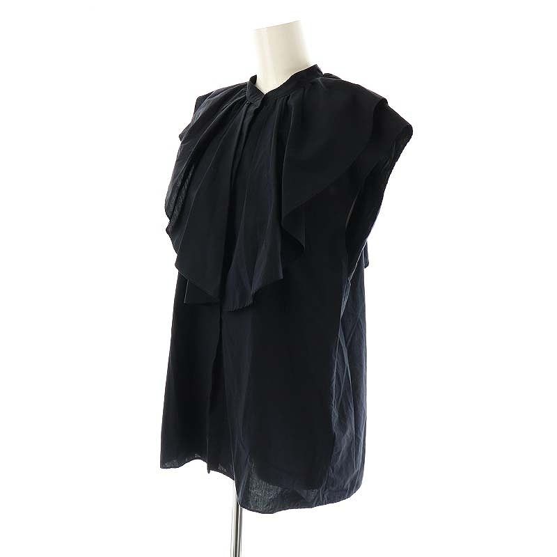 カレンソロジー Curensology タイプライター フリルブラウス シャツ フレンチスリーブ 前開き F 紺 /CX ■OS レディース カレンソロジー Curensology タイプライター フリルブラウス