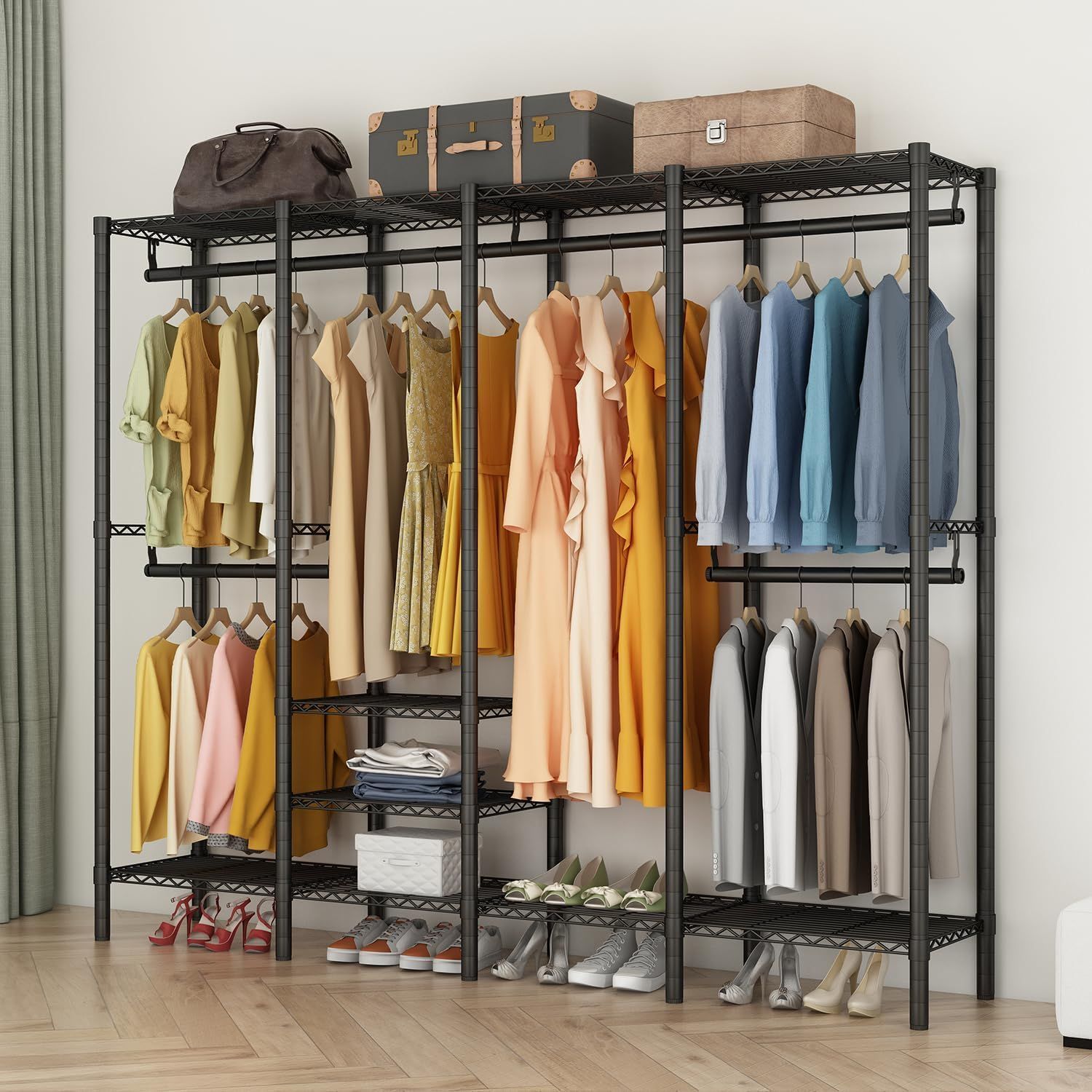 ワードローブ ハンガーラック 大容量 洋服ラック 頑丈 棚板高さ調節 ブラック 幅193×奥行40×高さ192cm