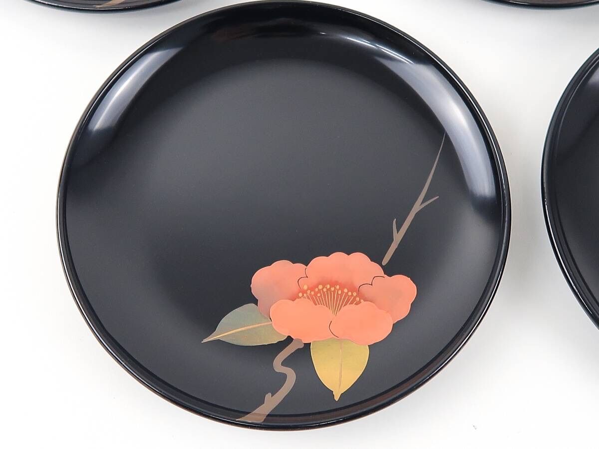 未使用美品！会津塗り？ 木乾漆 銘々皿 五客揃 紅山茶花 直径さ