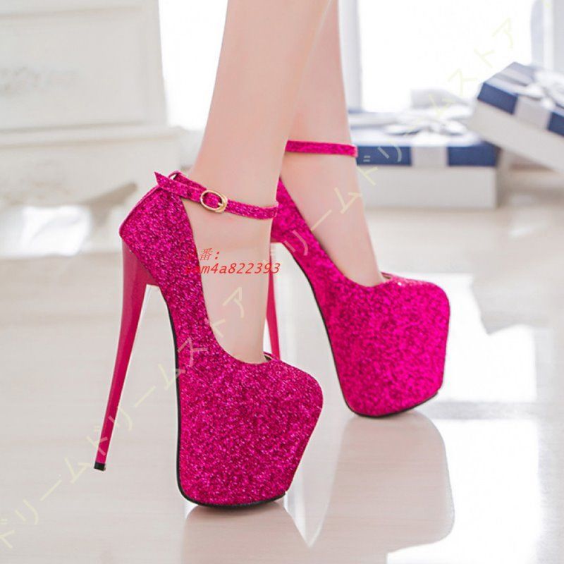 ハイヒール パンプス 美脚 ラウンドトゥ アンクルストラップ フォーマル パーティー グリッター キラキラパンプス おしゃれ ピンヒール 19CMヒール レディース am4a822393