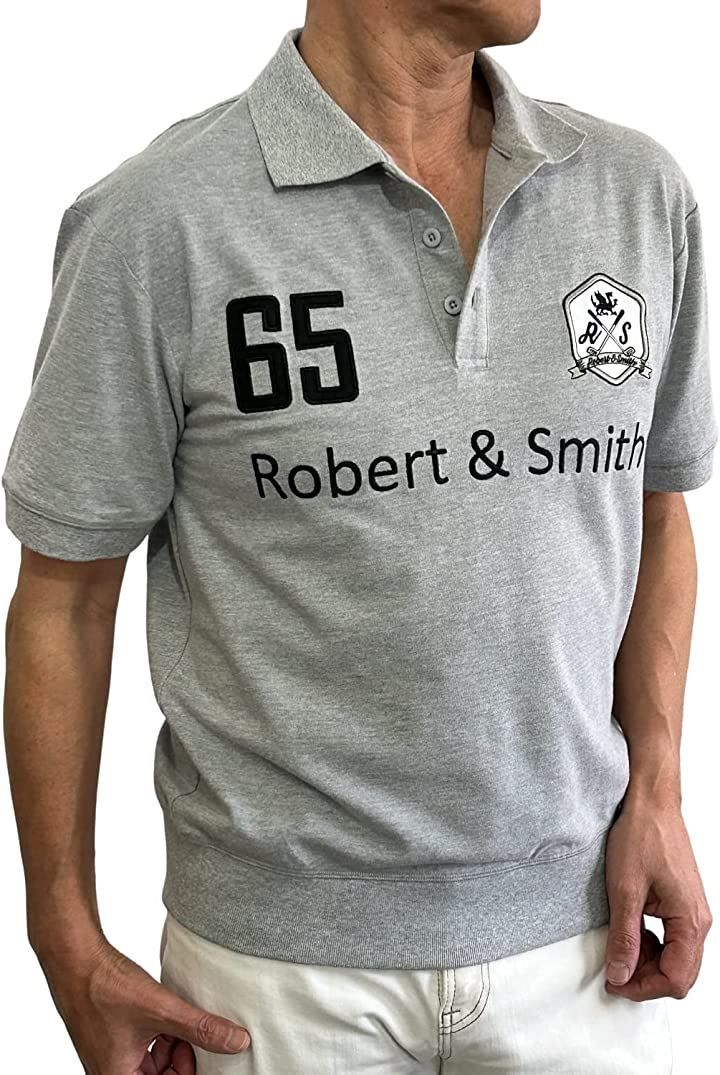 Robertu0026Smith ポロシャツ メンズ 半袖 裾 リブ加工 ゴルフウェア 100% コットン 刺繍 仕上げ( グレー，  L)