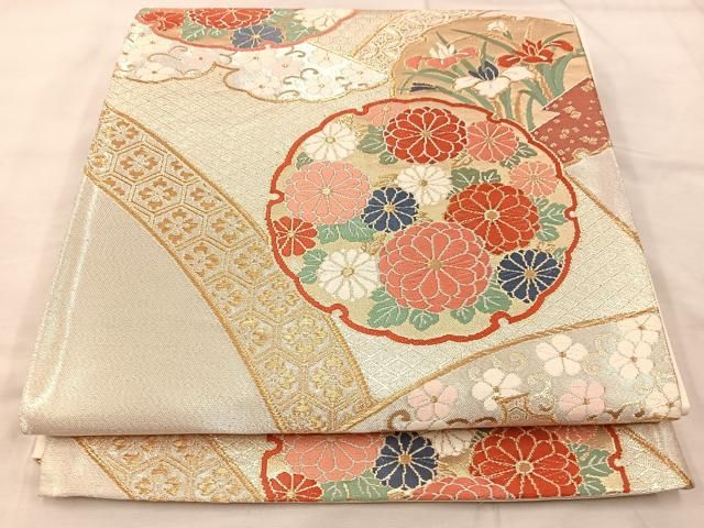 袋帯 唐織 花菱に三重襷 金糸 埴色 KO-946 24K純金箔 九百錦 鴛鴦 オシドリ 牡丹 袋帯 金糸 黒 176