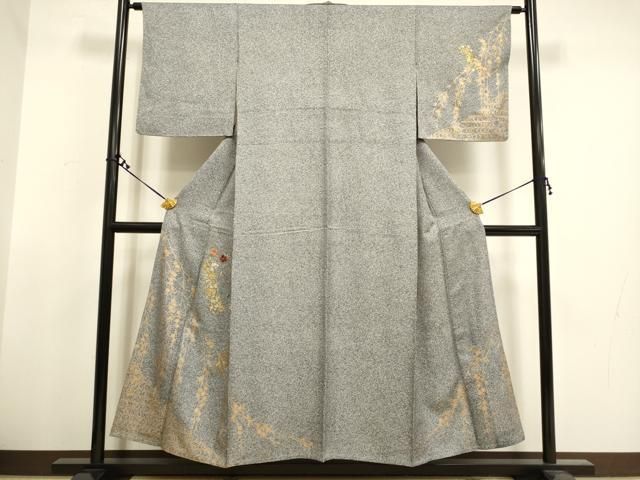 平和屋着物▽訪問着　単衣　刺繍　短冊枝垂れ桜文　たたき染め　金彩　正絹　逸品　DAAT4423du 平和屋着物▽訪問着 単衣 刺繍 短冊枝垂れ桜文 たたき染め 金彩 正絹