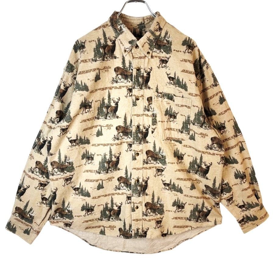 カベラスCabela's起毛フランネルシャツ総柄シャツ動物アニマル柄トナカイ鹿コットンベージュvintageヴィンテージ40916