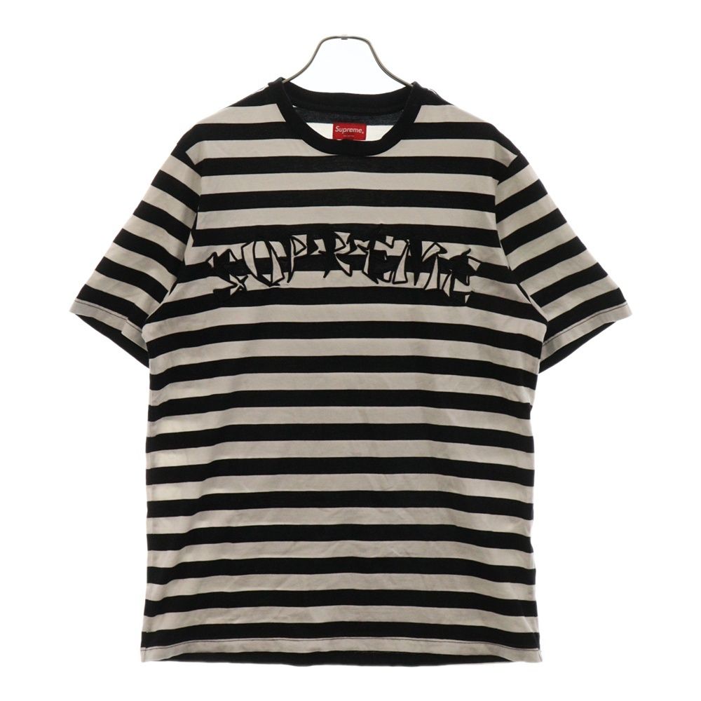 SUPREME (シュプリーム) 20AW stripe applique S/S TOP ストライプロゴ刺繡 クルーネック 半袖Tシャツ カットソー ブラック/ホワイト