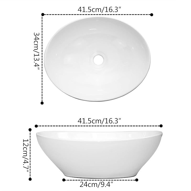 Rxakudedo おしゃれ 洗面ボウルセット 置き型 洗面台 手洗い鉢 白陶器製 楕円形 洗面ボール 洗面器 洗面鉢 コンパクトサイズ 415×340×120mm トイレ 洗面所用 0