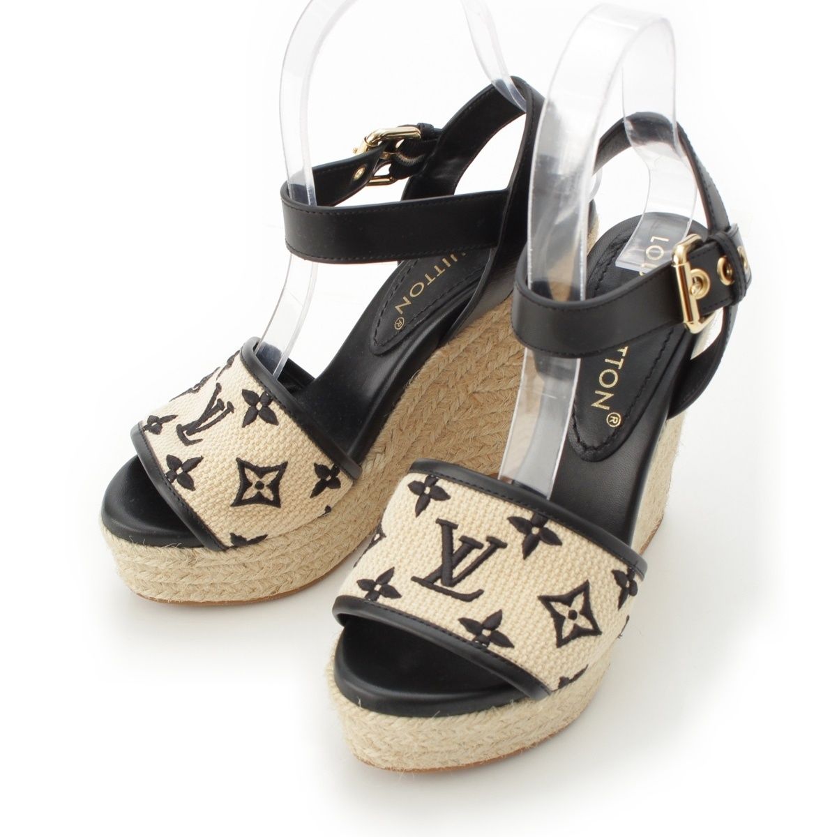 ルイヴィトン 23SS スターボード モノグラム エスパドリーユ ストラップ サンダル ウェッジソール シューズ 1ABT1M ブラック×ベージュ 35 1|2