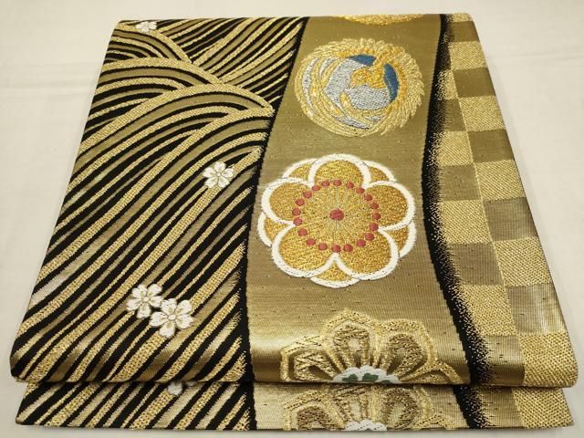 平和屋着物▽振袖用六通柄袋帯 花鳥丸文 黒地 金銀糸 正絹 逸品