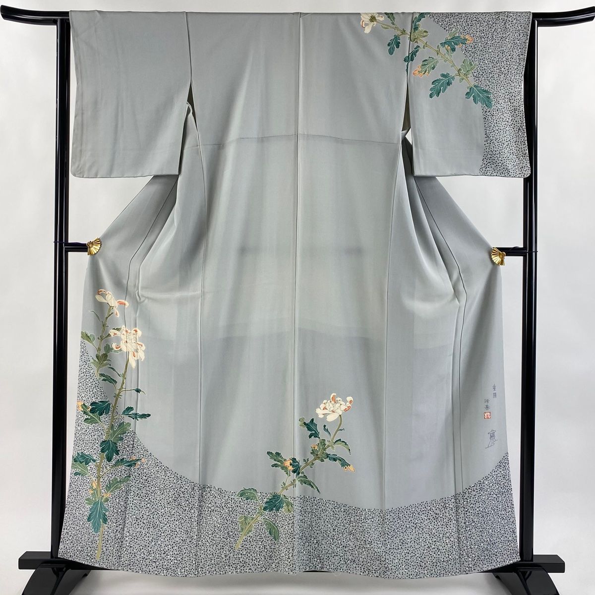 訪問着 身丈159.5cm 裄丈64cm M 袷 落款 菊 霰 青灰色 正絹 秀品 