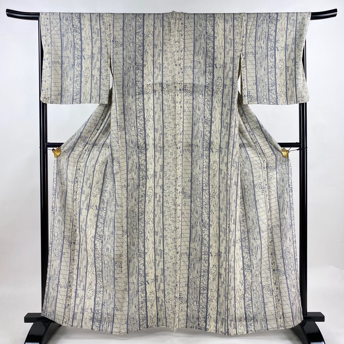小紋 身丈161cm 裄丈67cm M 薄物 絽 草花 松葉 ベージュ 正絹 秀品