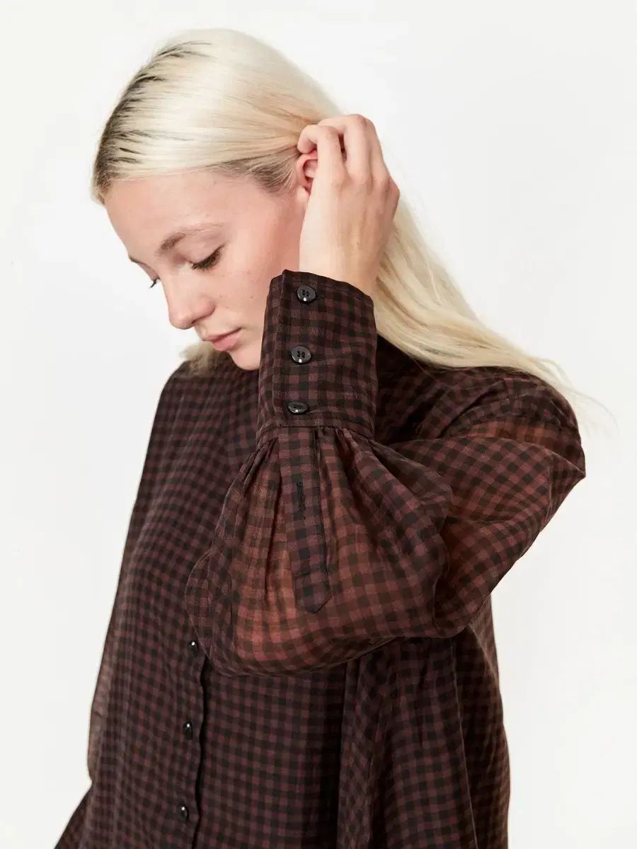 感動 GANNI 茶色 オーガンザ チェック シャツ ミニ ワンピース