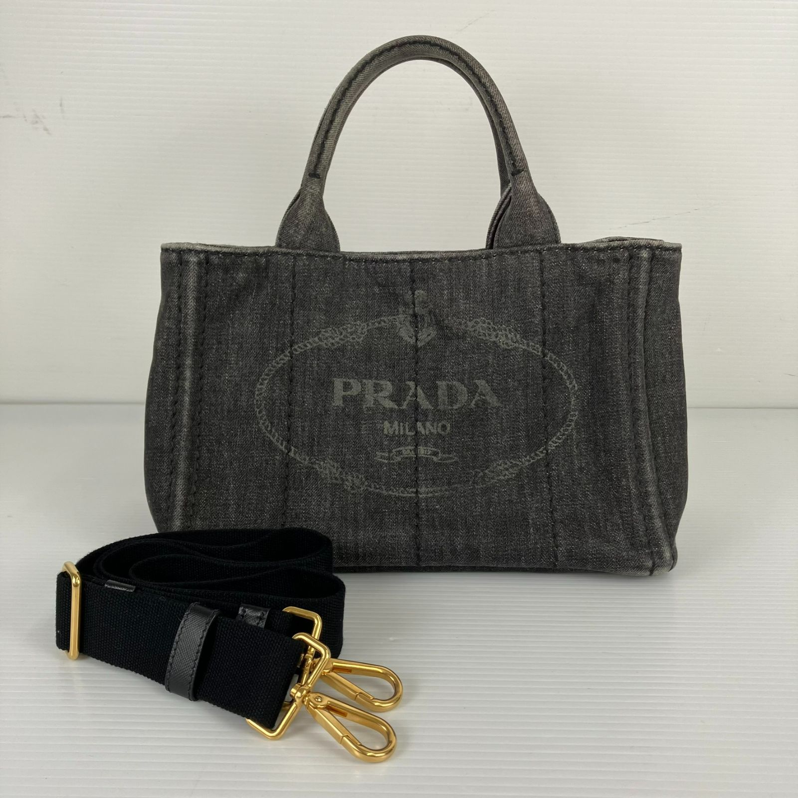 【中古品】PRADA　プラダ　デニム　ミニカナパ　2WAY　ハンドバッグ　トートバッグ　ショルダー付き　ブラック　黒