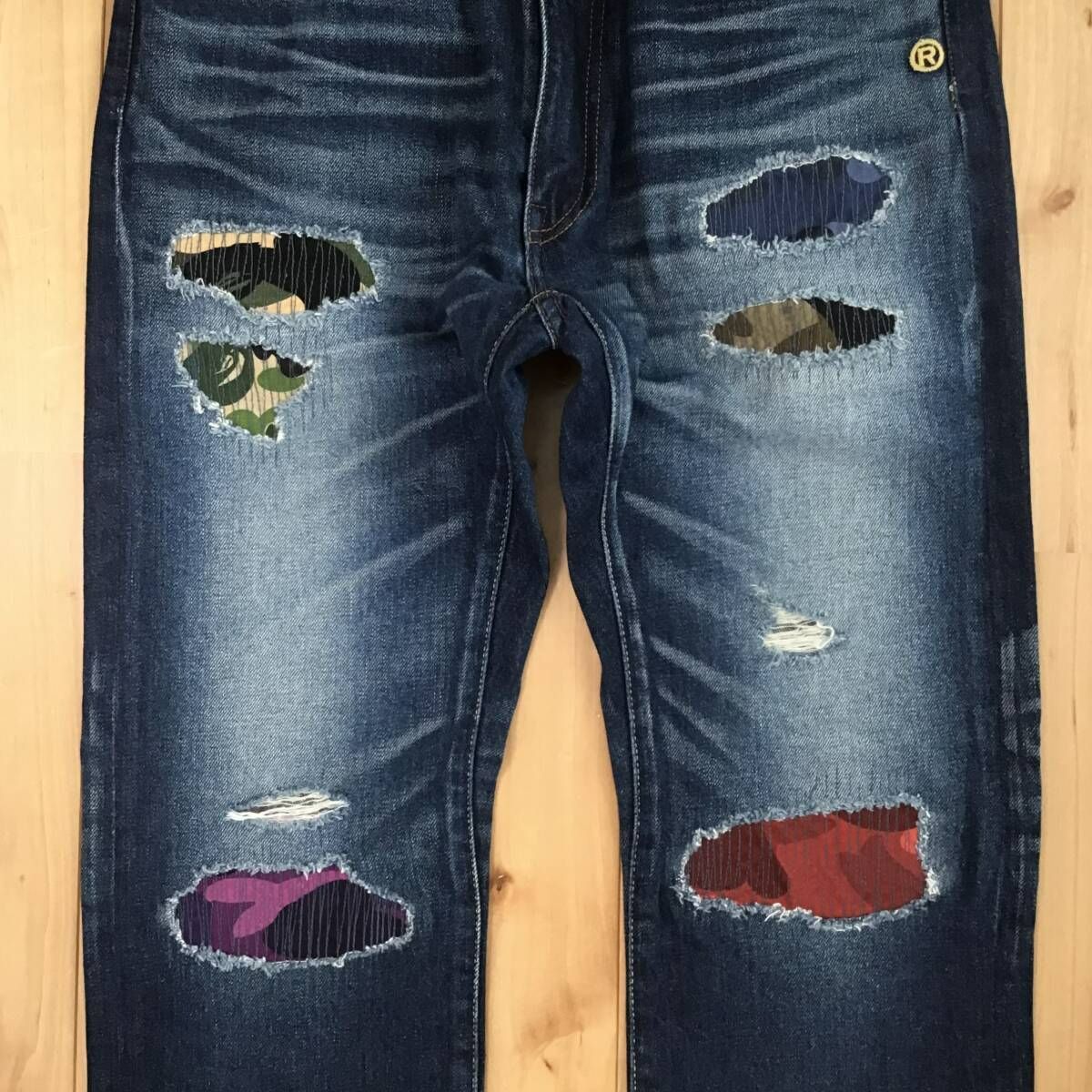 BAPE MIX CAMO DAMAGE DENIM PANTS Mサイズ a bathing ape ダメージ