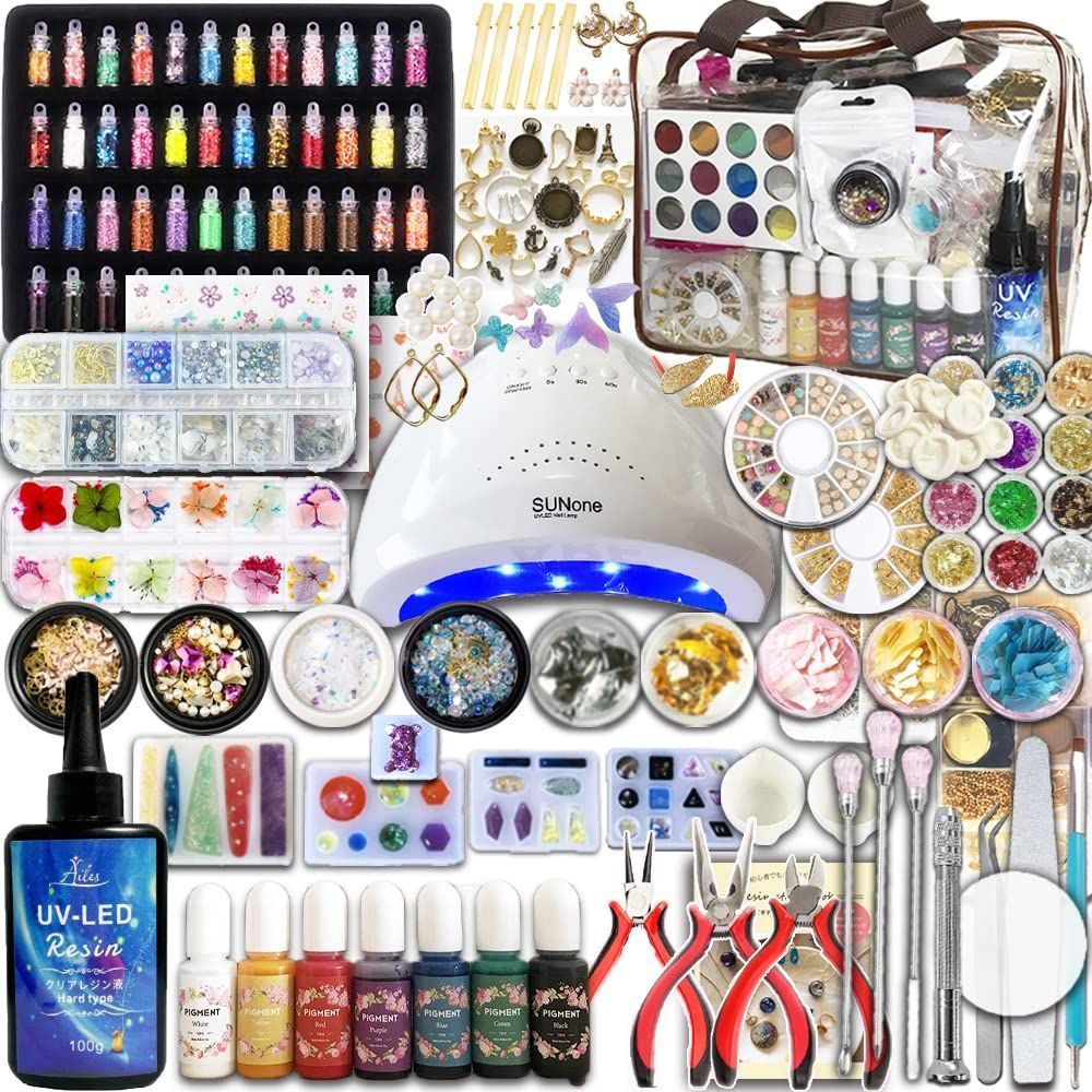 [Ailes(エール)]UV レジン スターターキット セット 初心者 【豪華228種類】 レジン液 着色料 アクセサリーパーツ (48WライトAセット)