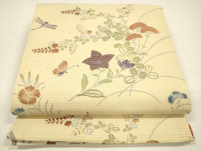 平和屋着物＊夏物 アンティーク 大正ロマン 両面 全通柄袋帯 引き抜き帯 駒刺繍 蜻蛉花蝶文 草花松文 正絹 DAAY8140cm