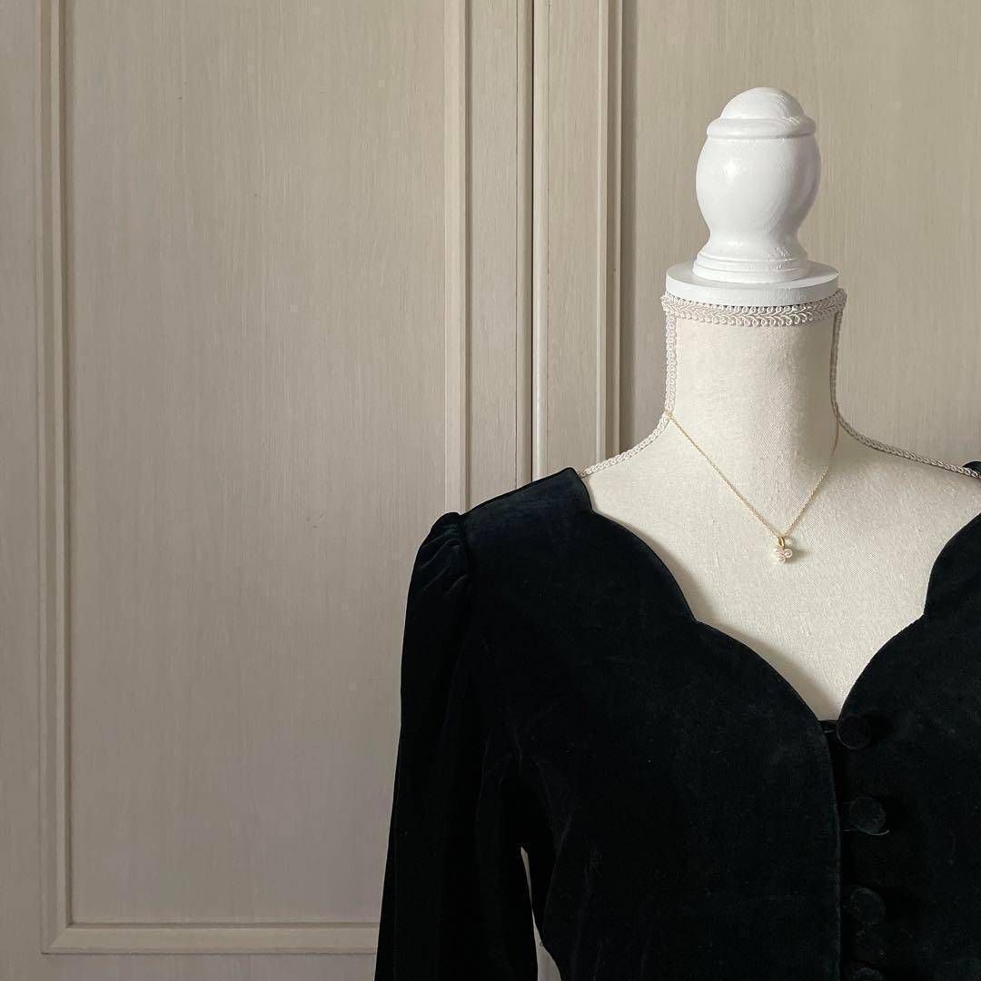  A ローラアシュレイ LAURAASHLEY ベロア ワンピース ロング お呼ばれ デート オフィスカジュアル 食事会 黒 ブラック BLACK クロ くろ 五分袖 七分袖 シャツ ブラウス