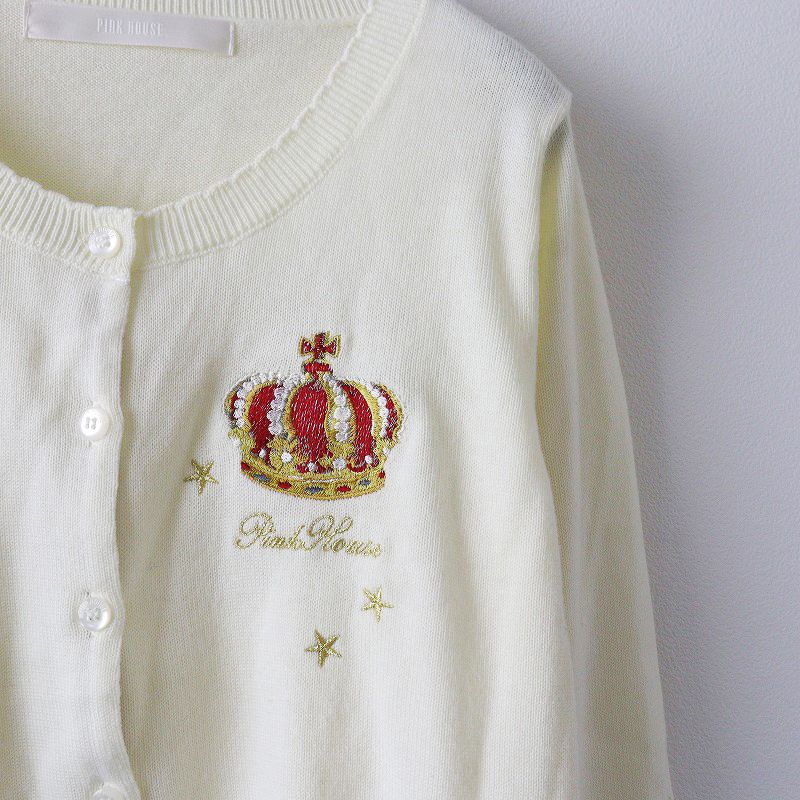 PINK HOUSE - 美品 2020AW ピンクハウス PINK HOUSE クラウン刺繍カーディガン/オフホワイト ウール混 ニット ロゴ【2400013877725】 美品 2020AW ピンクハウス PINK HOUSE クラウン刺繍カーディガン/オフ