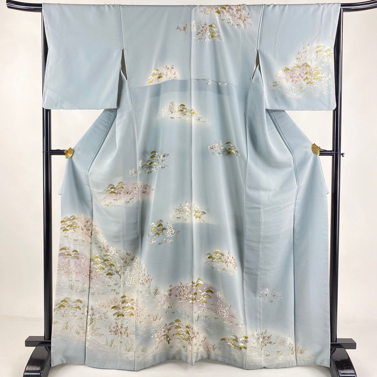 訪問着 身丈167.5cm 裄丈66.5cm M 袷 松竹梅 波 金銀糸 刺繍 水色 正絹 名品