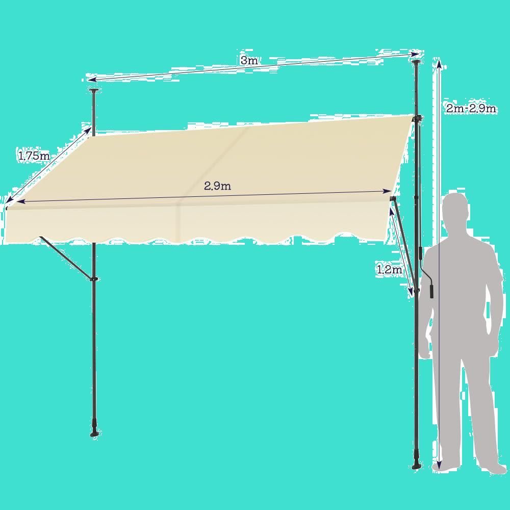 KELIXU 日よけ オーニングテント 3m 雨除け つっぱり 目隠しシェード 伸縮式 調節可能 サンシェード 巻き取り式 防水シート UVカット  簡単設置 工事不要 玄関 ベランダ 軒 屋外用 (ベージュ)