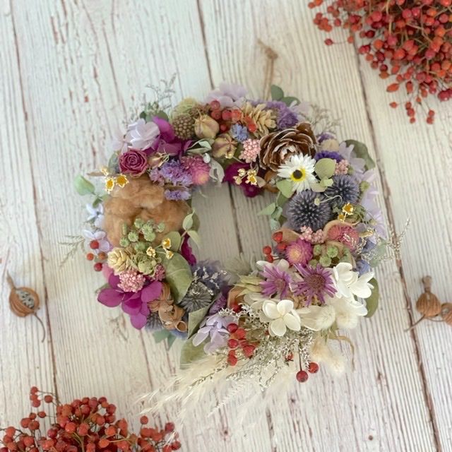 🌿コットンフラワー＆瑠璃玉アザミ🌿秋冬パープル♡ドライ