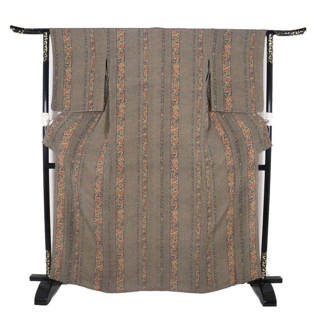 単衣 縮緬小紋 正絹 グレー 橙色 唐花 横縞 トールサイズ ki32142 美品