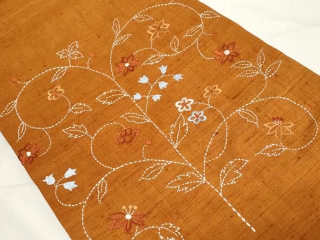 平和屋着物●九寸開き名古屋帯　紬地　総刺繍　刺し子　草花文　正絹　逸品　CAAZ6485dy 平和屋着物○九寸開き名古屋帯 紬地 総刺繍 刺し子 草花文 正絹 逸品