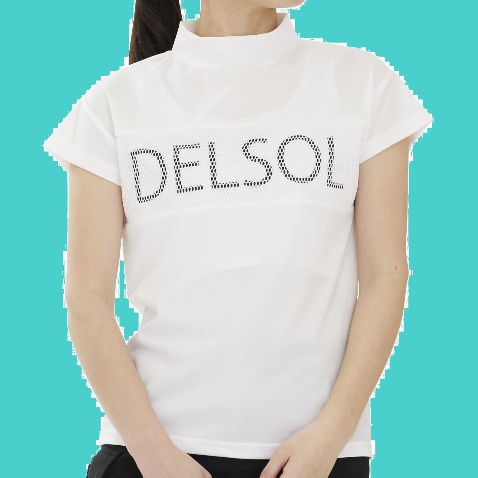 Delsol] 7752 WH メッシュ使い半袖モックネックシャツ ホワイト 白