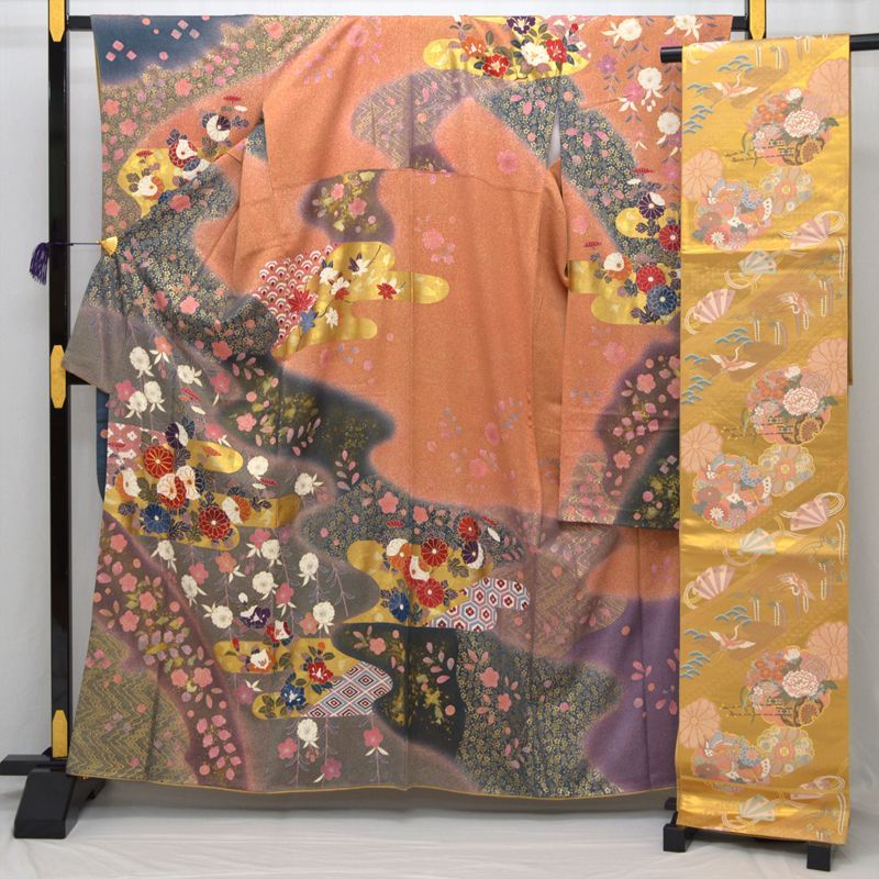 振袖 7点セット かすみ 吉祥花文 本金箔 たたき染め 京友禅 洗朱 さん 