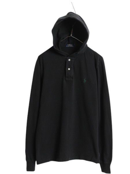 ポロ ラルフローレン 鹿の子 フード パーカー メンズ M / フード付き ポロシャツ 長袖 Tシャツ ロンT プルオーバー カットソー ボックス 黒 お得なクーポン配布中!】 ポロ ラルフローレン 鹿の子 フード パーカー