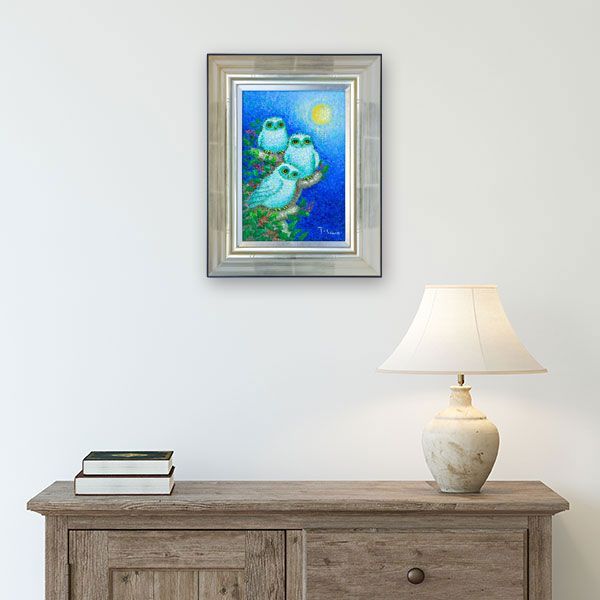 油彩画 SM号 佐野千恵子「満月のふくろう」 油絵 額付き 本物 真筆