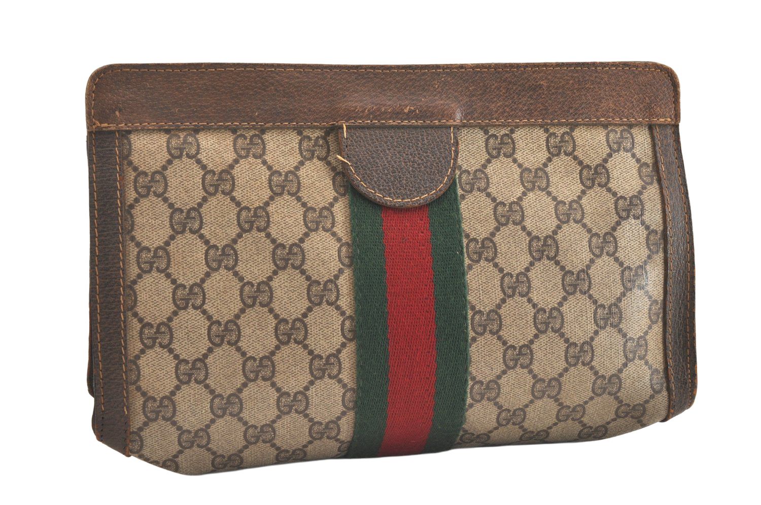 GUCCI グッチ ウェブ シェリーライン クラッチハンドバッグ GGピーブイシー レザー ブラウン ジャンク 2507N