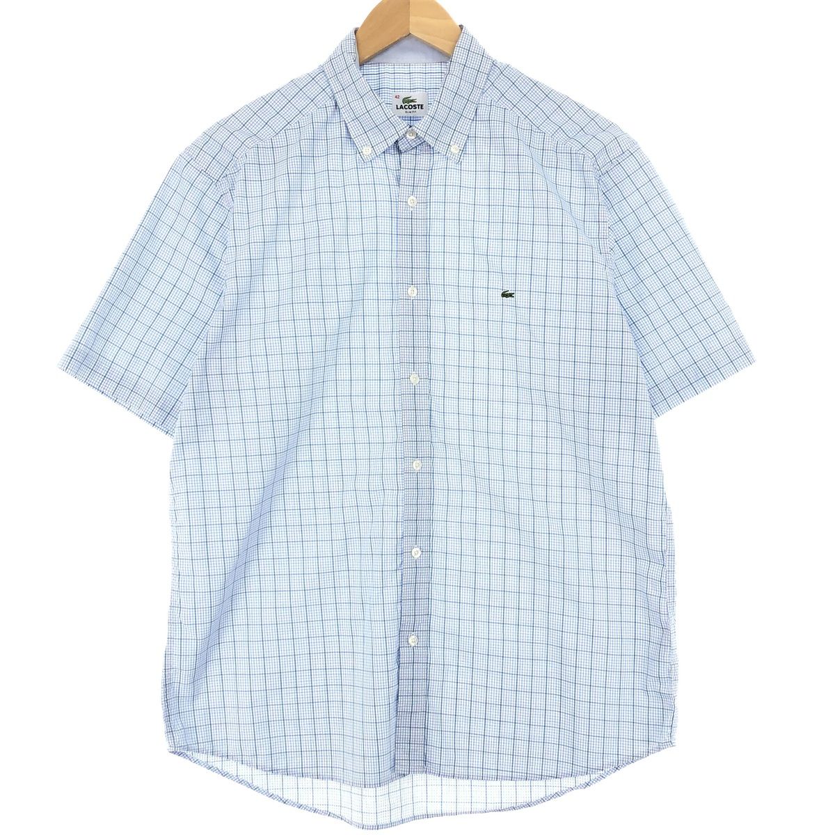 古着 ラコステ LACOSTE SLIM FIT 半袖 ボタンダウン チェックシャツ メンズL/eaa435435