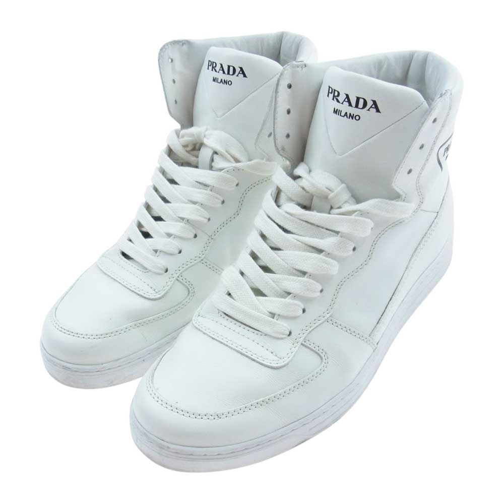 【人気】プラダ レザー ハイカット スニーカー 白 三角ロゴ 39 1/2 PRADA プラダ スニーカー 2TG179 三角ロゴ ハイカット レザー ホワイト