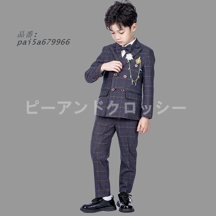 フォーマルスーツ 男の子 スーツセット キッズ チェック柄 4点セット 入学式 ベスト 子供服 ブレザー 卒業式 発表会 結婚式 パンツ pai 5 a 679966