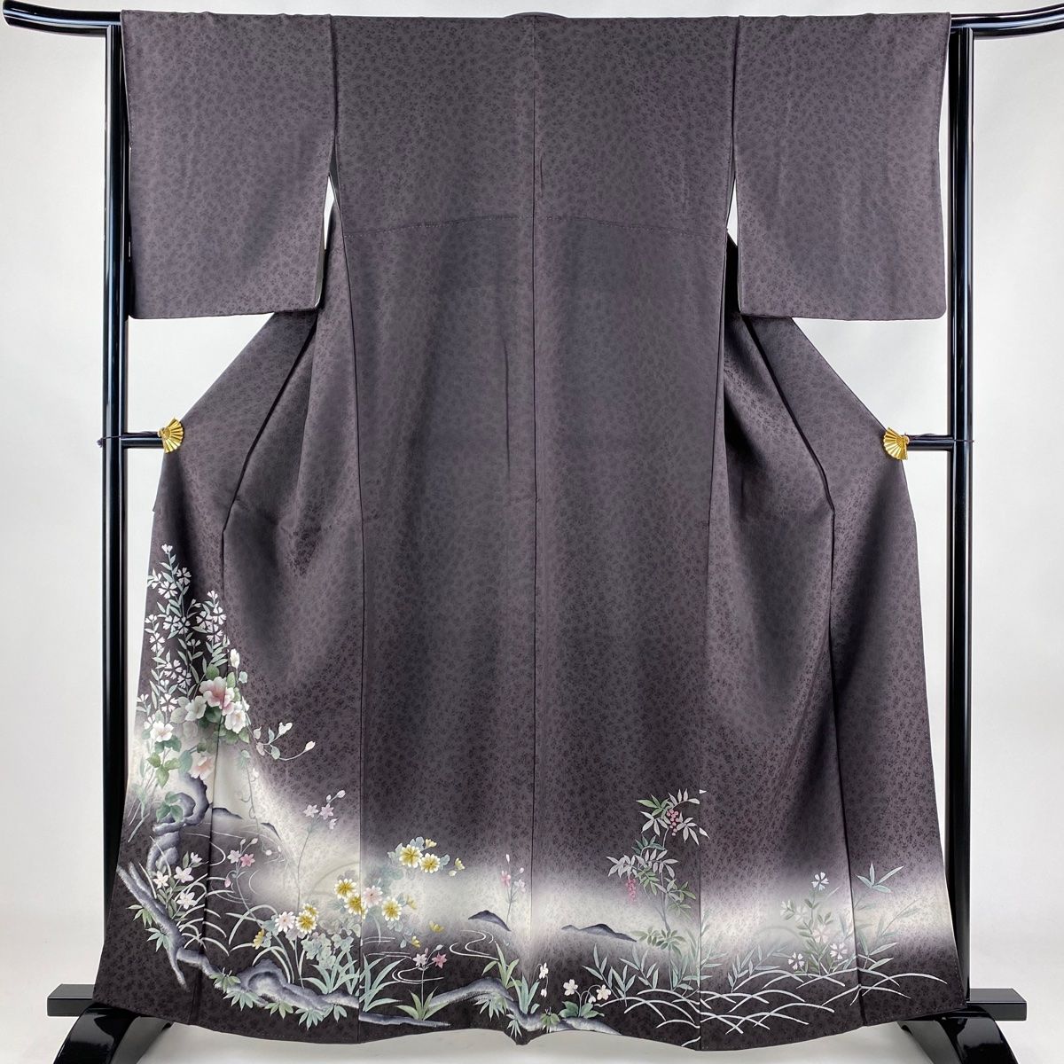 訪問着 身丈160.5cm 裄丈64cm M 袷 草花 水面 ぼかし 灰紫 正絹 名品