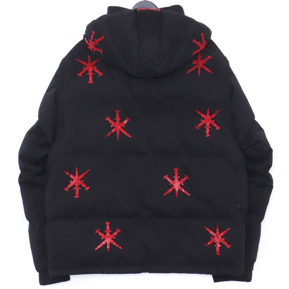 UNKNOWN LONDON ALL OVER RED DAGGER RHINESTONE PUFFER JACKET L 