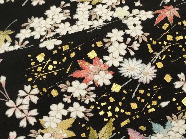 平和屋着物○訪問着 辻が花 地紙重ね花文 黒地 金彩 正絹 逸品