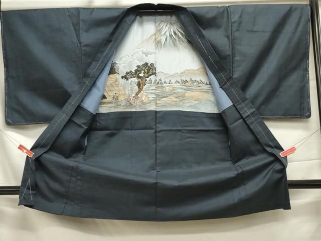 平和屋着物○男性 髭紬羽織セット 色無地 藍鉄色 羽裏：富士山・龍