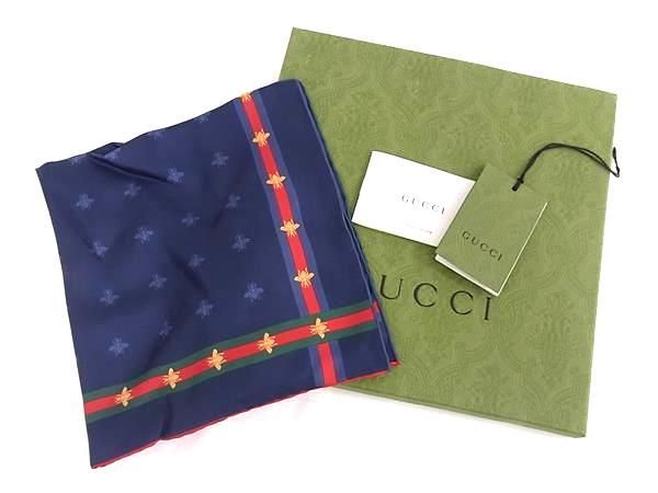 新品未使用 GUCCI グッチ ビー シルク100% スカーフ ハンカチーフ メンズ レディース ネイビー系×レッド系 FC0092