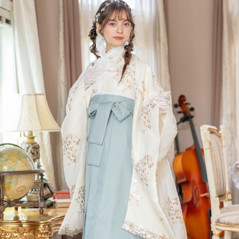 アイボリー着物×ミント袴 花刺繍チュールレース 袴一体型着物ワンピース 簡単着付け 卒業袴 キャサリンコテージ TAK