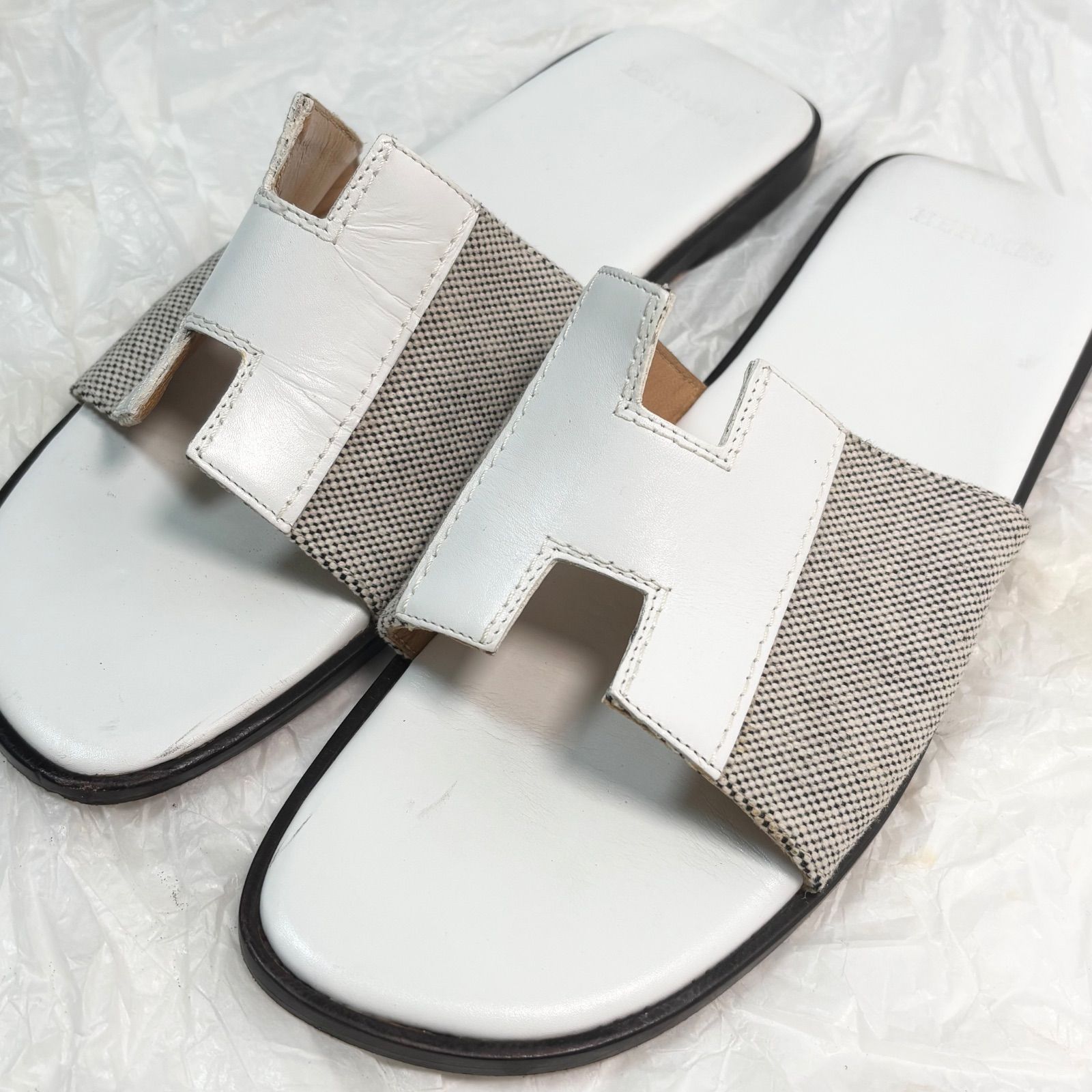 送料無料】Hermes/エルメス/サンダル/ホワイト/38/約25.0cm/Hモチーフ