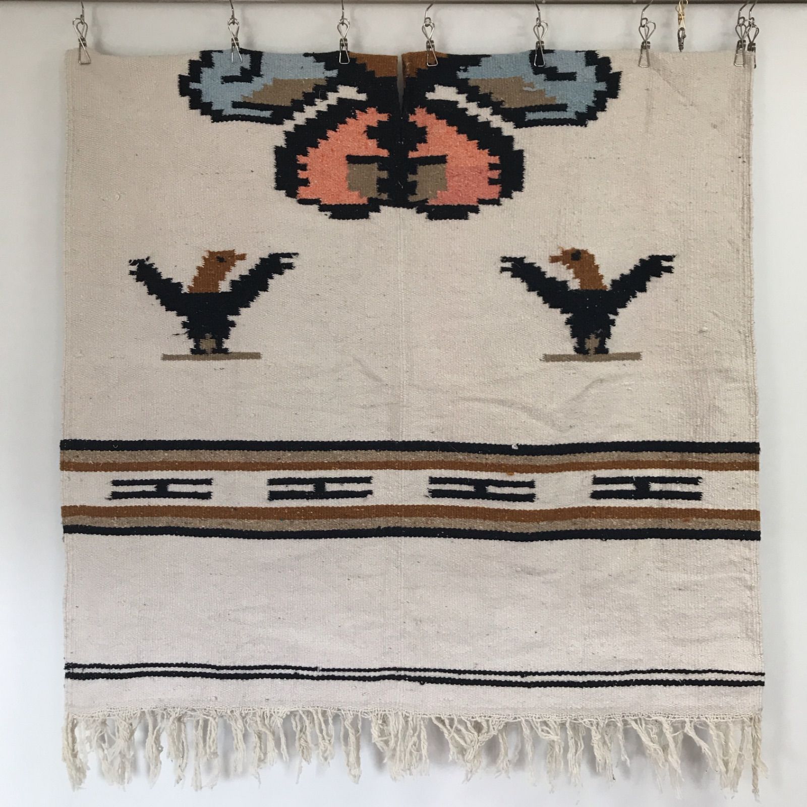 【希少品】ヴィンテージ　メキシカン ラグ マット　鳥柄　BIRD フリンジ付き 希少品】ヴィンテージ メキシカン ラグ マット 鳥柄 BIRD