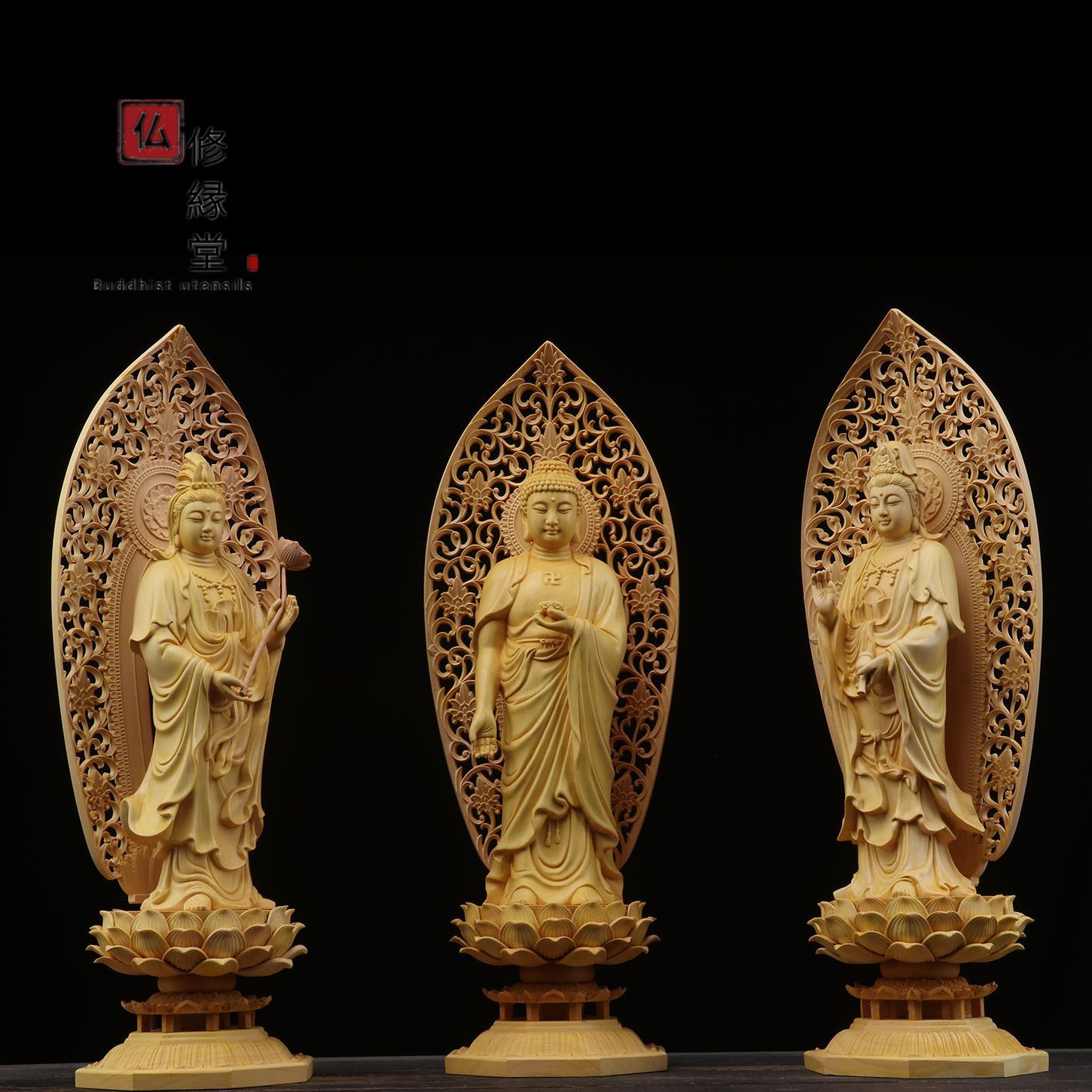 木彫り 仏像 西方三聖（観世音菩薩 阿弥陀如来 勢至菩薩） 立像 彫刻